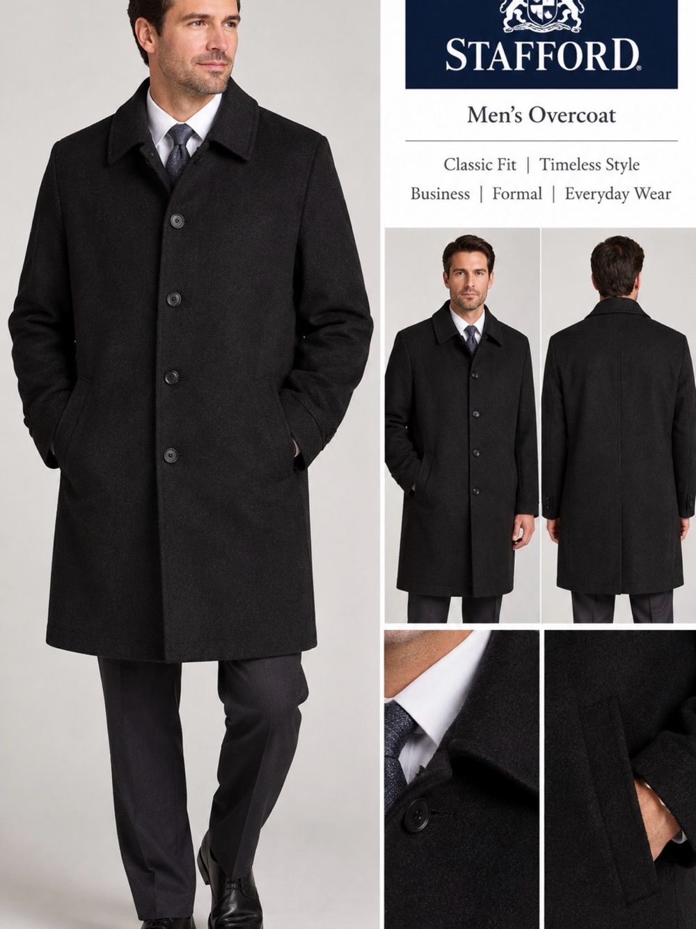 Stafford Black Men's Classic Single-Breasted Overcoat